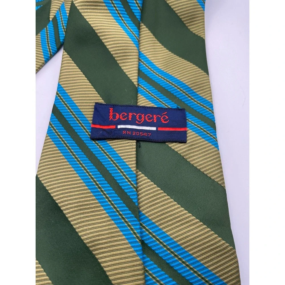 Bergere Mens Necktie Green Gold Blue Diagonal Striped Ribbed Polyester Tie